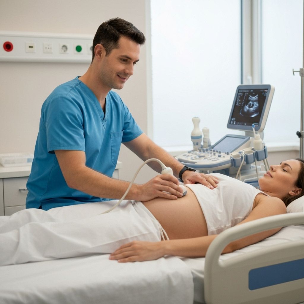Exame de ultrassom obstétrico sendo realizado por profissional especializado